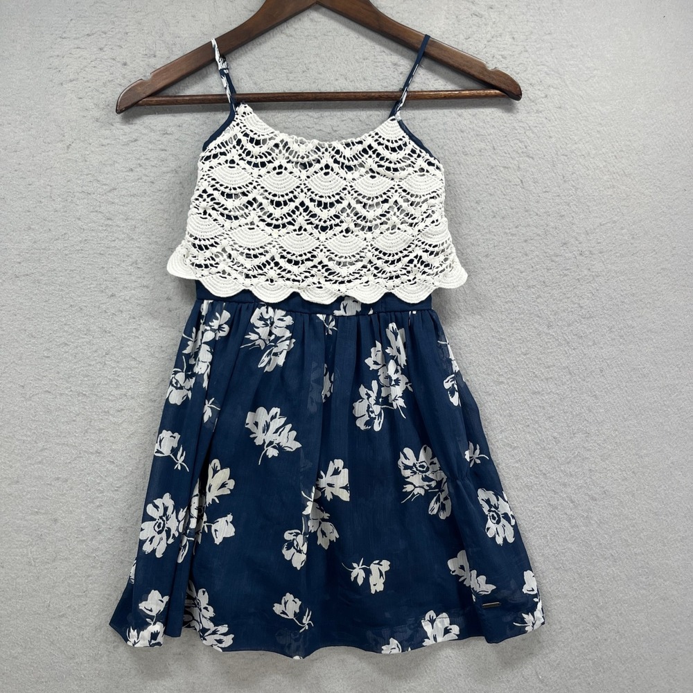 Abercrombie Kids Dress Girls Medium Blue Floral Crochet Lace Bodice Summer Boho